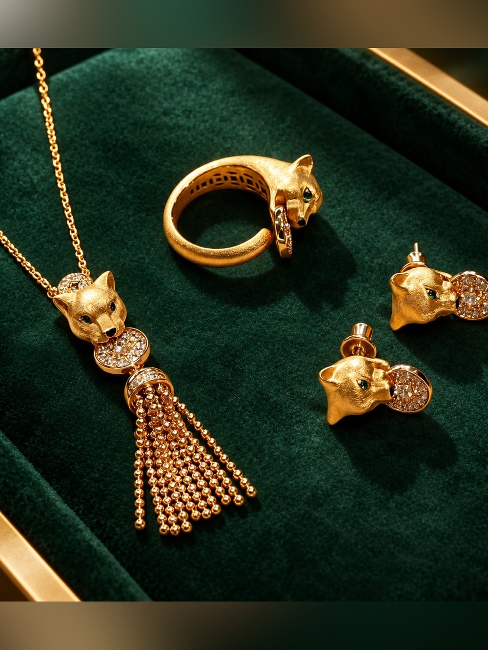 Gold Panther Head Necklace, Ring & Stud Earrings with Green Eyes